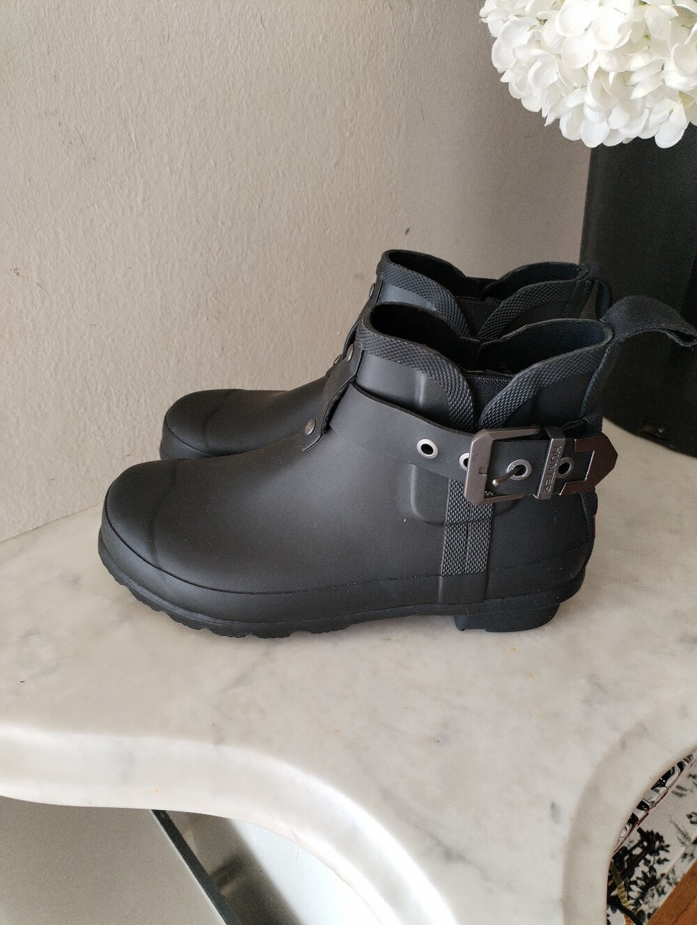Hunter Black Matte Ankle Rain Boots with Buckle Strap